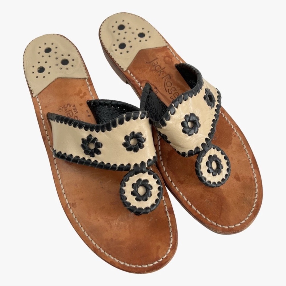 Jack Rogers White/Black Leather Thong Sandals US8